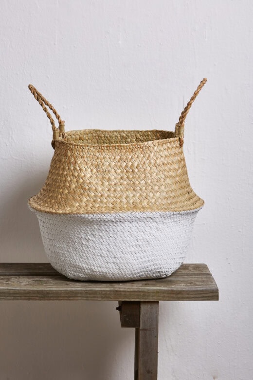Seagrass Woven Belly Baskets with White Base 5 Seagrass Woven Belly Baskets with White Base