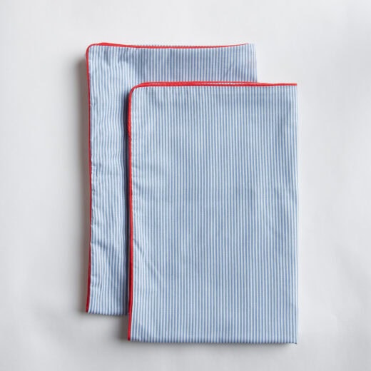 Blue & White Pinstripe Pillowcases with Red Piping 6 Blue & White Pinstripe Pillowcases with Red Piping