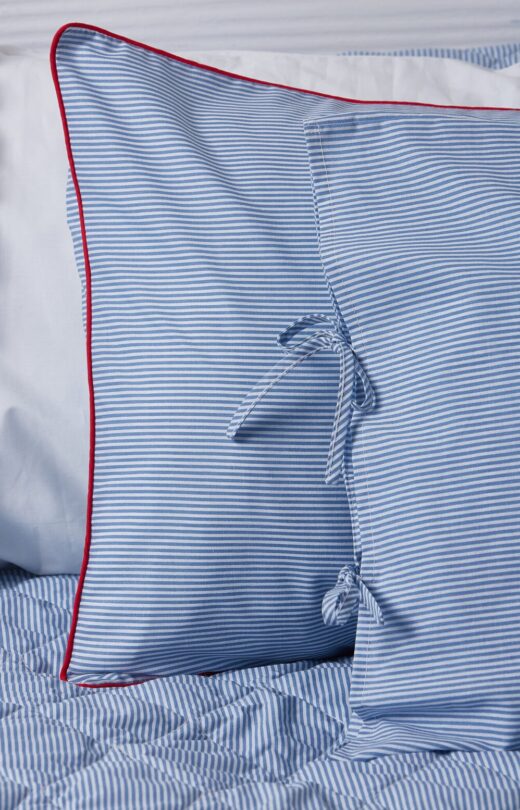 Blue & White Pinstripe Pillowcases with Red Piping 4 Blue & White Pinstripe Pillowcases with Red Piping