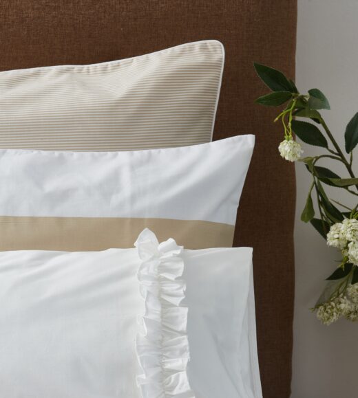 Stone & White Pinstripe Pillowcases with White Piping