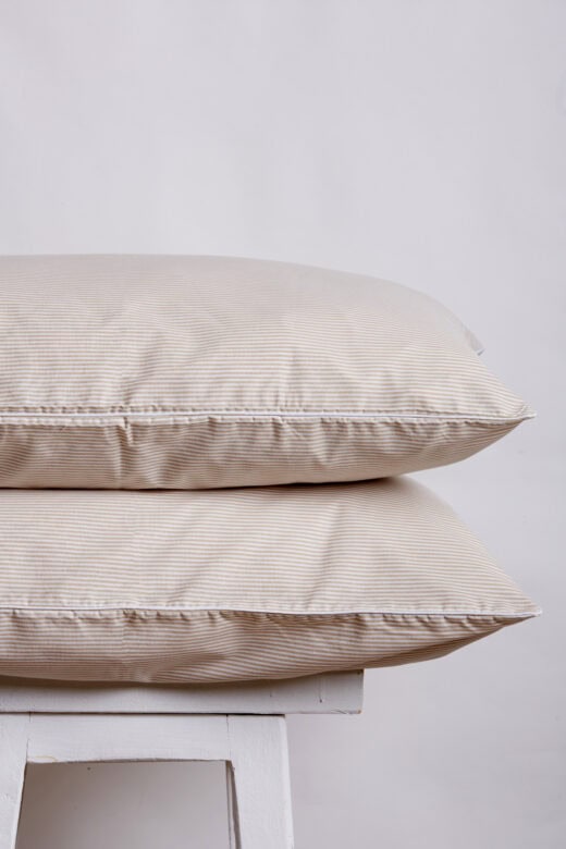 Stone & White Pinstripe Pillowcases with White Piping