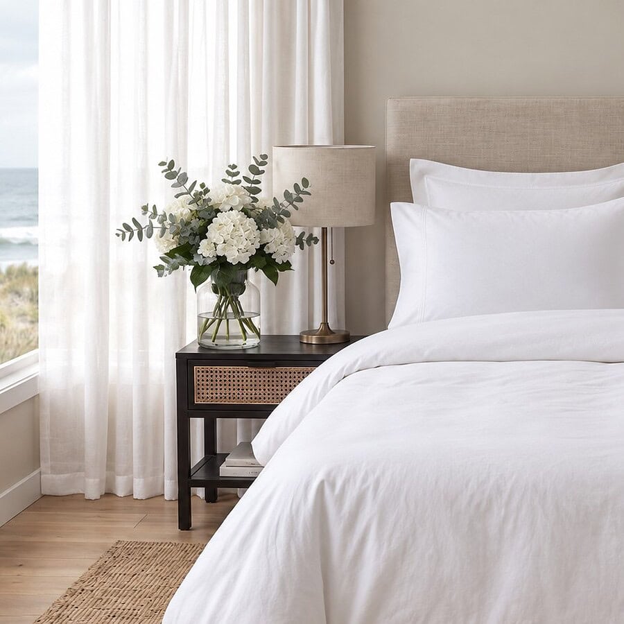 A neatly made bed dressed in crisp white linens, featuring four pillows and a white duvet, set against a beige upholstered headboard in a bright, coastal-style bedroom with dark wood nightstands.